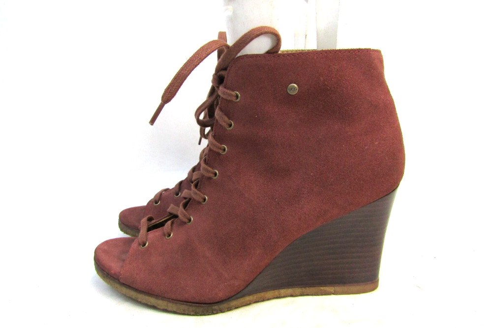 UGG Womens Size 10 M Maroon Leather Lace Up Ankle Wedge Fashion Boots